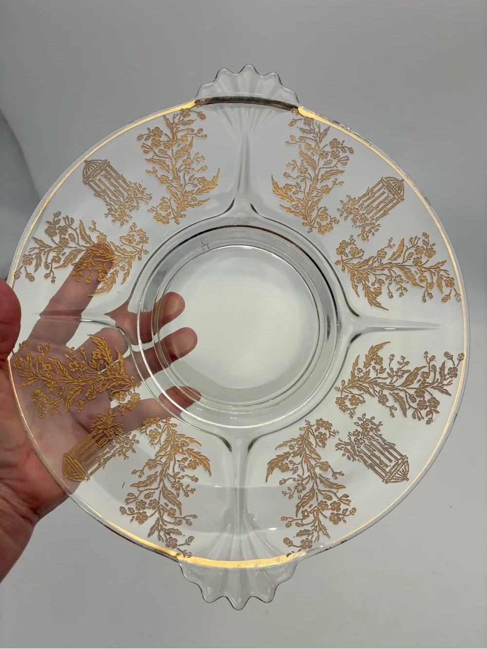 Vintage 1930s Paden Glass Serving Platter with Golden Gilt Decorations